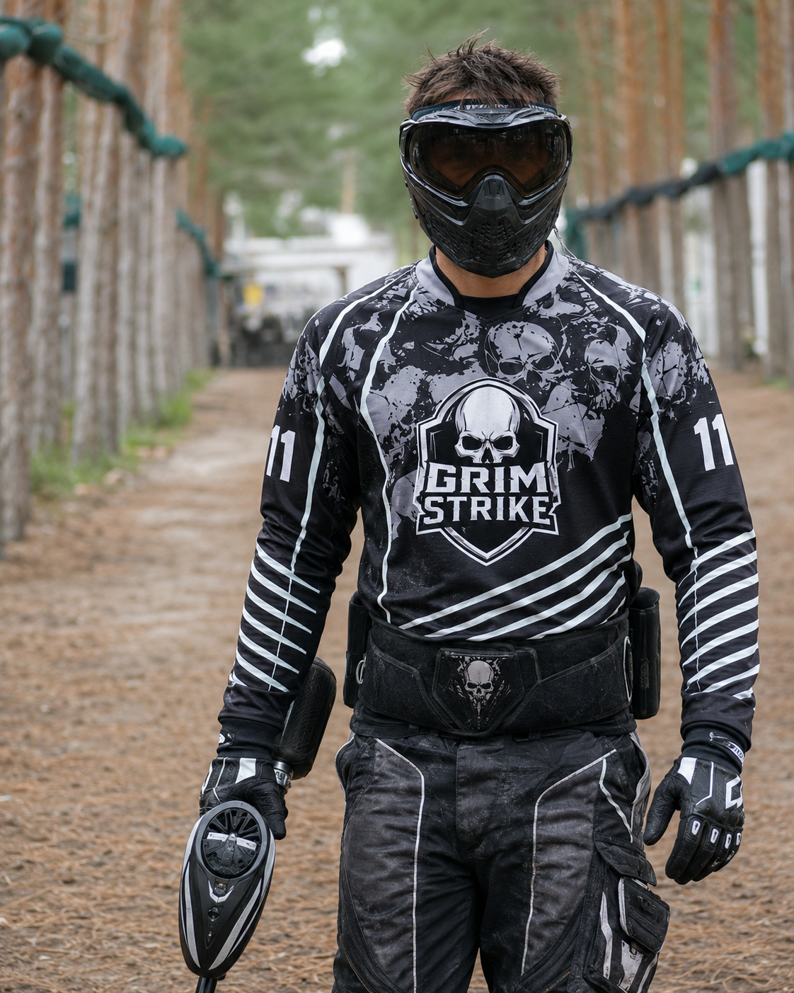 Graues Paintballjersey Schatten mit Grim-Strike-Logo Paintballspieler im Wald mit grauem Paintballjersey Schatten und Grim-Strike-Logo
