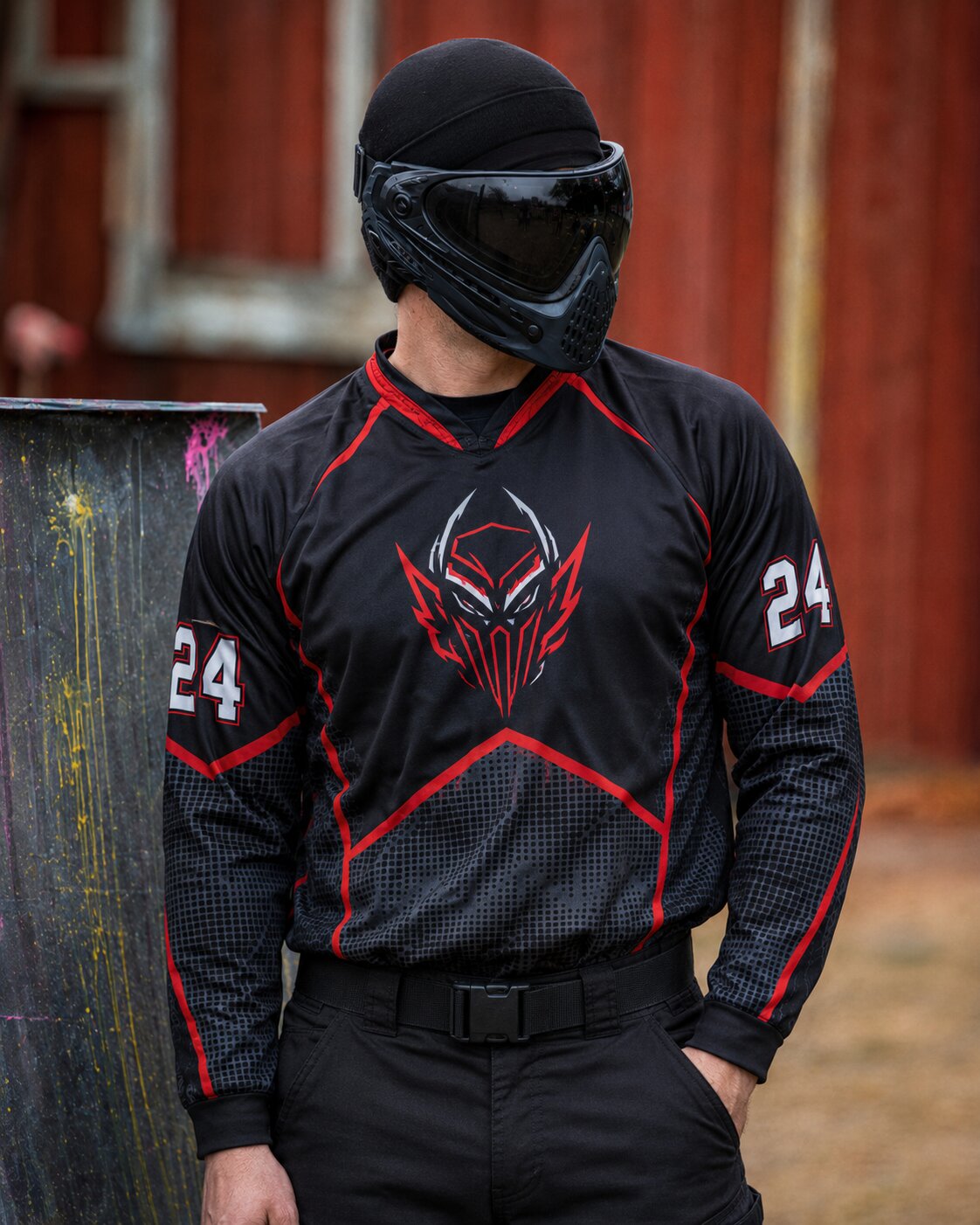 Paintball Teamjersey Wut – individueller Look 4 Spieler im rot-schwarzen Paintball Teamjersey Wut mit individueller Personalisierung