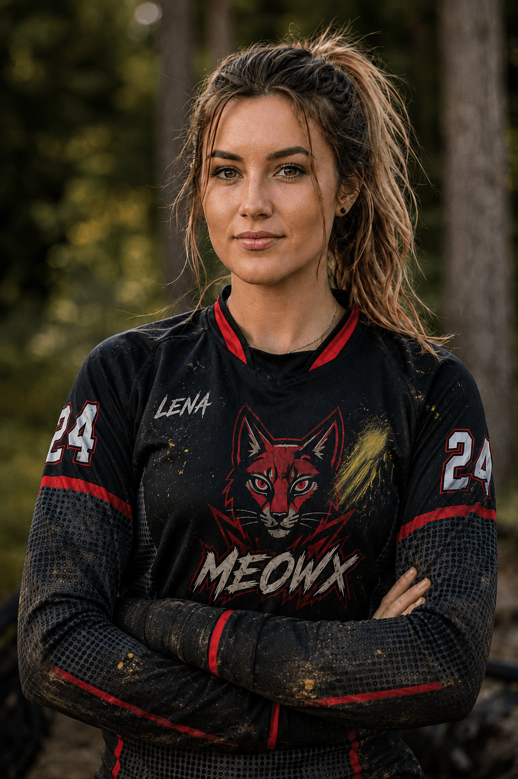 Rot schwarzes Paintball Teamjersey Wut an Spielerin Lena