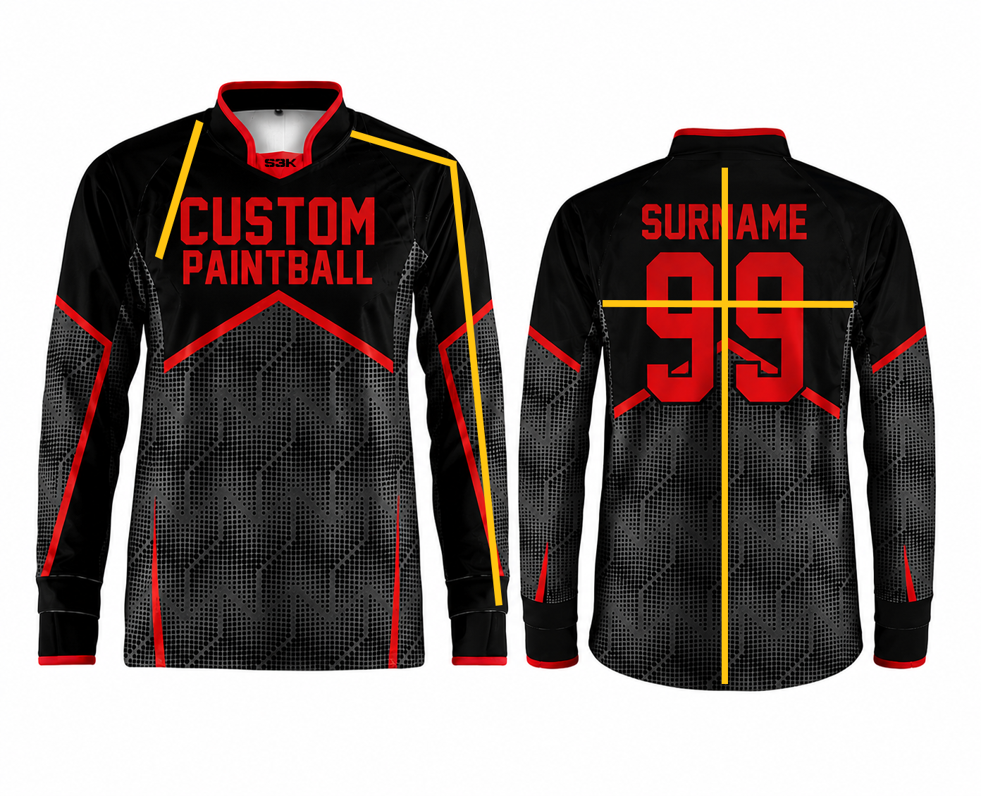 Paintball Jersey richtig ausmessen: gelbe Linien für Brustlänge, Armlänge, Rückenbreite und Jerseylänge