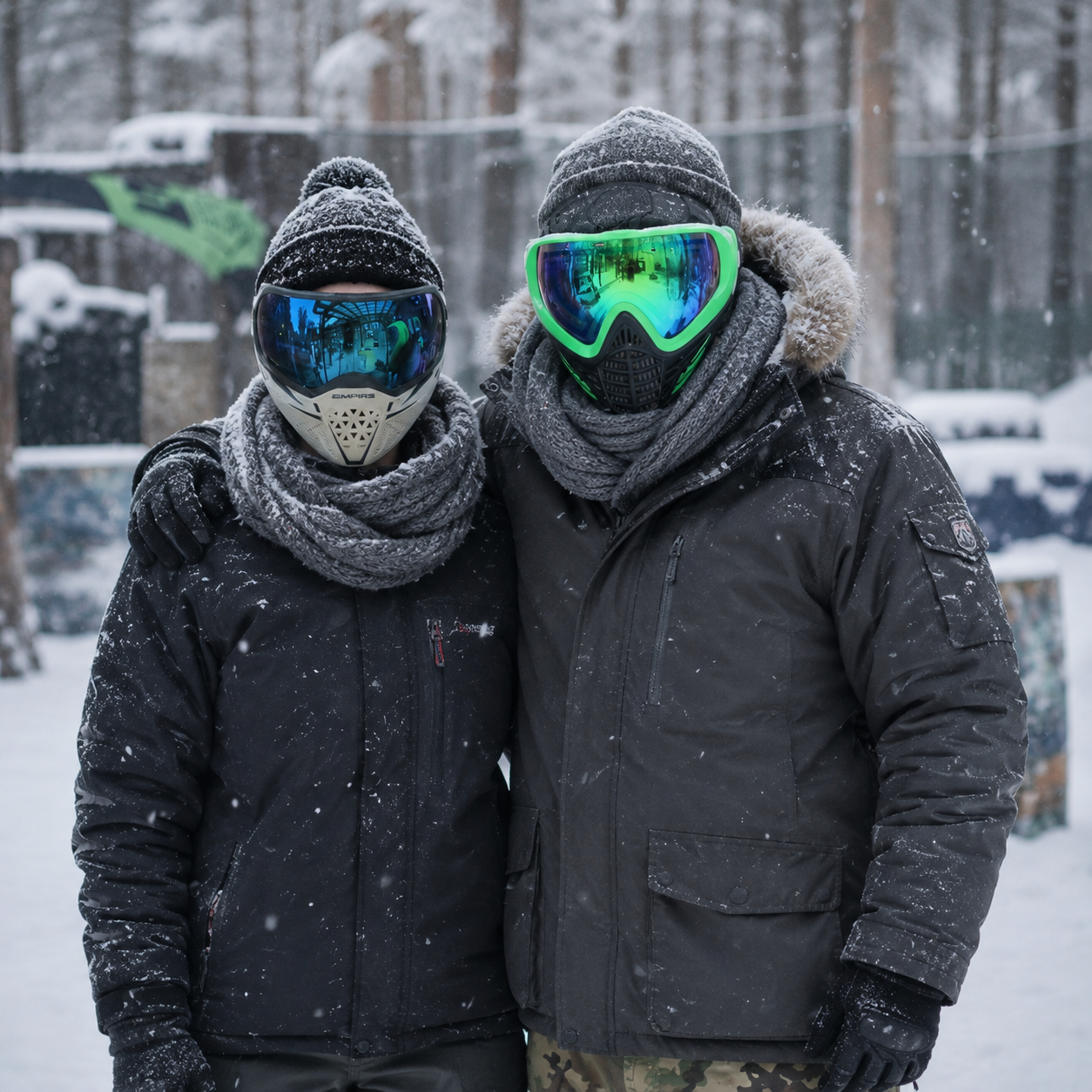 Zwei Paintballspieler im Winter in warmer langer Paintball Kleidung